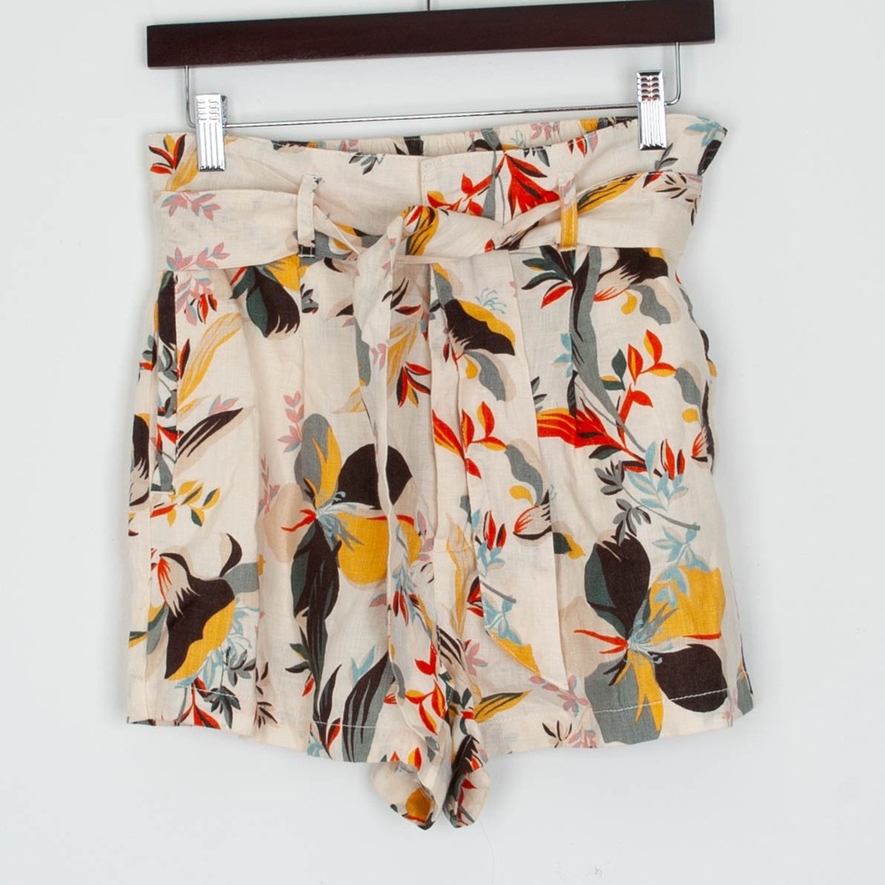 Cynthia Rowley Womens Floral Print Linen Blend High Waist Paperbag Shorts Size S